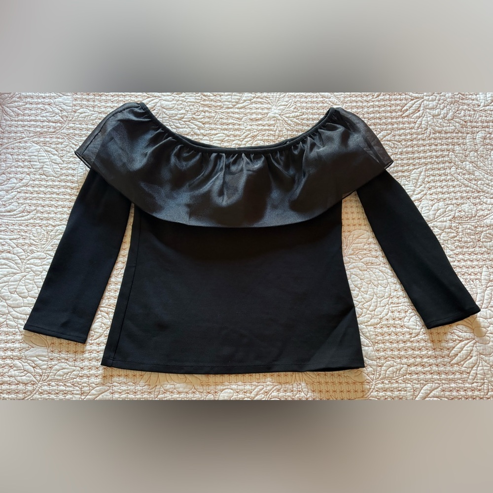 J. Crew Off-Shoulder Organza Tulle Ruffle Long-Sleeve Top in Black
